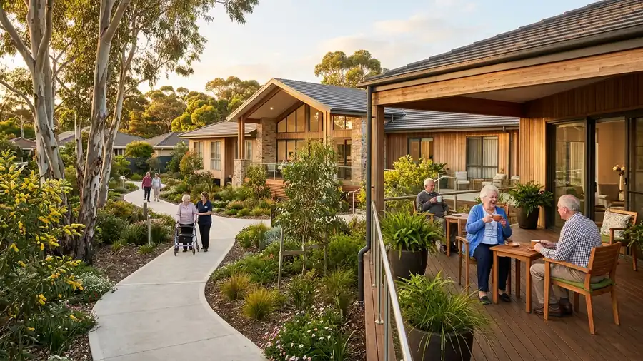 Modern residential aged care facility in Melbourne, Victoria with landscaped gardens