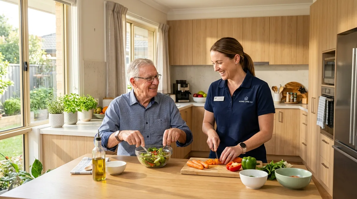 Active Australian senior receiving Support at Home assistance in a modern kitchen