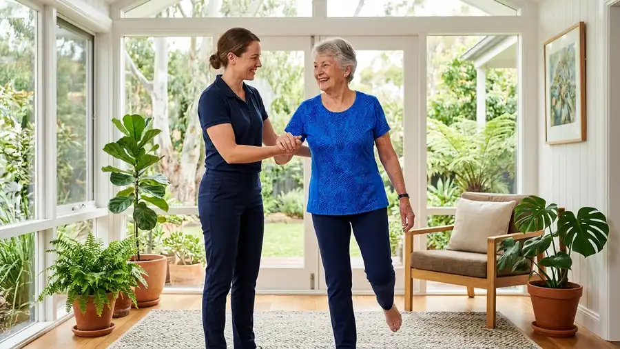 Active Australian senior woman doing physical therapy mobility exercises at home